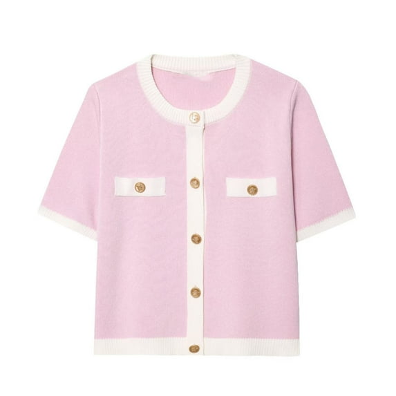 YueHuiYing Fashionable Women's Solid Color Round Neck Short Sleeved Button Pocket Knitted Casual Sweater