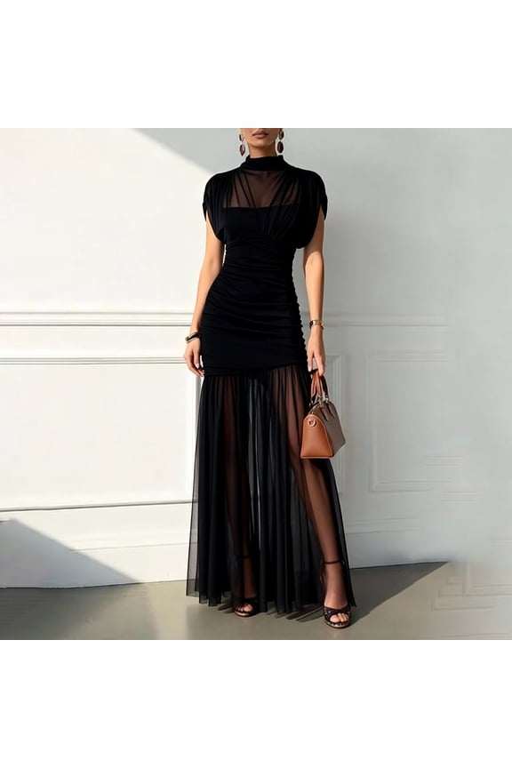 Formal Maxi Dress,Ruched Mesh Overlay Draped Dresses for Women's,Elegant Wedding Cocktail Gala Evening Gown