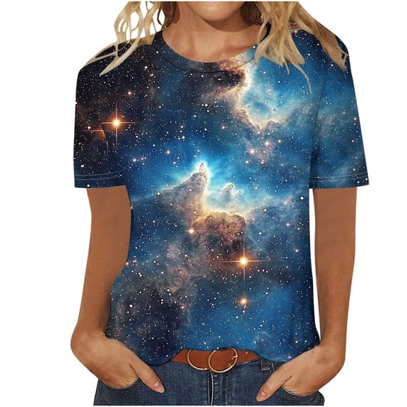 YueHuiYing Galaxy Shirt for Women Space Print Loose-Fit Short Sleeve Crewneck Casual Blouse Summer Graphic Tee Tops Petite Cute Streetwear