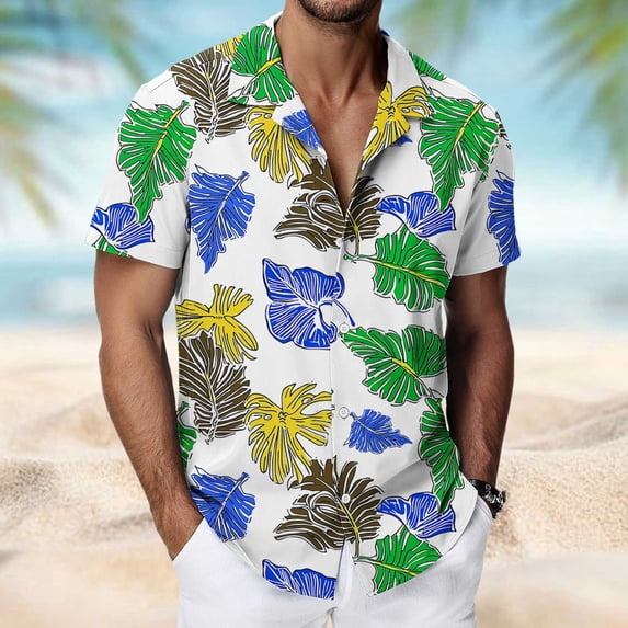 YueHuiYing Hawaiian Shirt for Men Tropical Shirts Summer Beach Button-Down Short Sleeve Luau Aloha Floral Cruise Vacation Outfit White XL