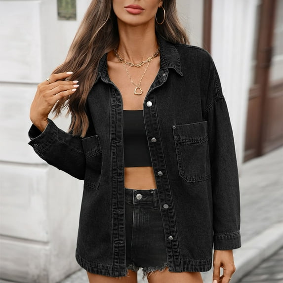 YueHuiYing Jean Jacket Women Trendy Fall Fashion Long Sleeve Denim Jacket Collar Barn Jackets Oversized Coat