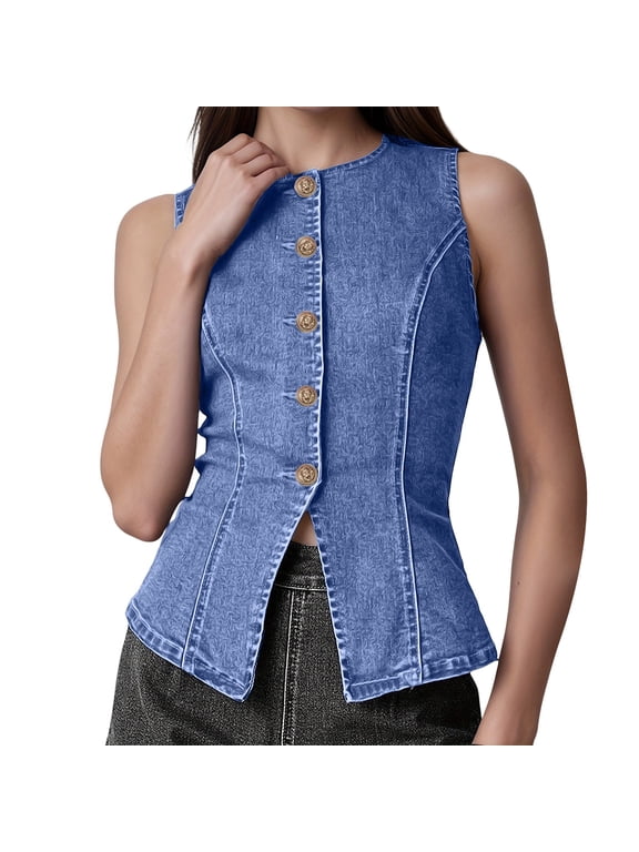Jean Vests for Women Crop Denim Top Button Down Waistcoat Vest Tank Tops Fashion Casual Sleeveless Jacket