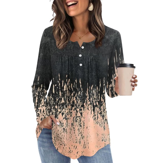 YueHuiYing Length Sleeve Womens Tops Round Neck Casual Tunic Tops Basic Blouses Pleated Shirts