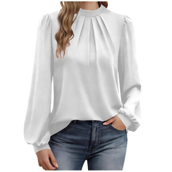 YueHuiYing Long Sleeve Shirts for Women Tops Dressy Casual Frill Mock Neck Smocked Cuffs Blouses