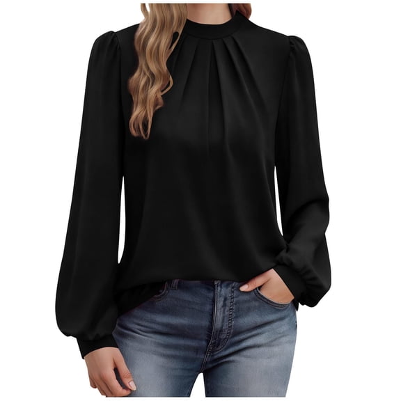 YueHuiYing Long Sleeve Shirts for Women Tops Dressy Casual Frill Mock Neck Smocked Cuffs Blouses
