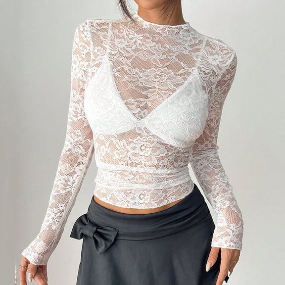 YueHuiYing Long Sleeve Shirts for Women's Lace Tops Mesh Sheer Crew Neck Shirts Fall Going Out Crochet Cutout Blouse