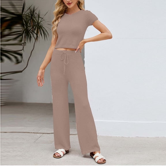 YueHuiYing Lounge Sets for Women Casual Workout Set Short Sleeve Crop Tops and Wide Leg Sweatpants Tracksuit Summer