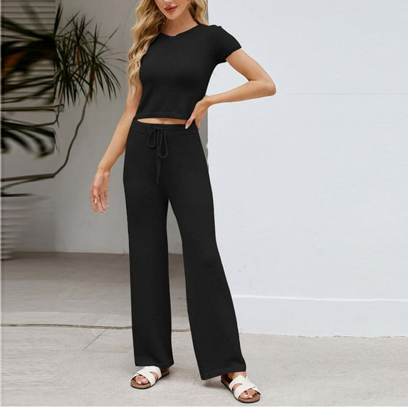 YueHuiYing Lounge Sets for Women Casual Workout Set Short Sleeve Crop Tops and Wide Leg Sweatpants Tracksuit Summer