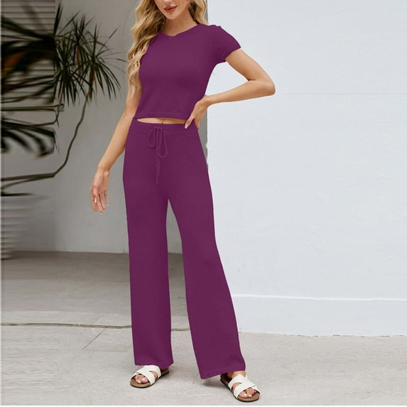 YueHuiYing Lounge Sets for Women Casual Workout Set Short Sleeve Crop Tops and Wide Leg Sweatpants Tracksuit Summer