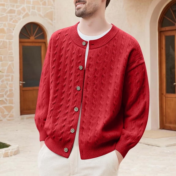 YueHuiYing Man Solid-Color Casual Elastic Knitwear Button-Up Long Sleeve Coarse-Needle Cardigan Round-Neck Sweater