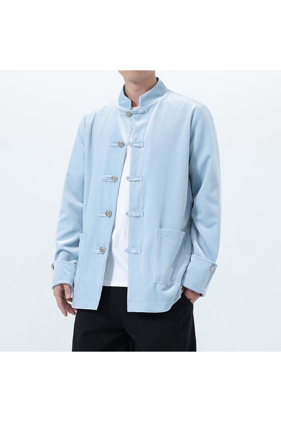 Man Solid-Color Chinese Hanfu Tang-style Pocket Long Sleeve Stand-Up Collar Relax Fit Jacket