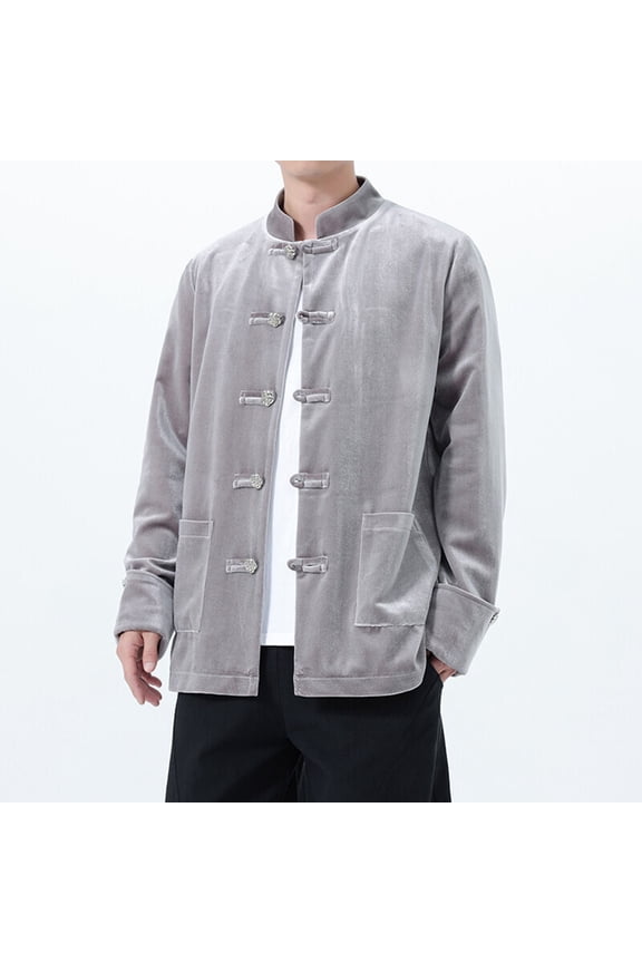 Man Solid-Color Chinese Hanfu Tang-style Pocket Long Sleeve Stand-Up Collar Relax Fit Jacket
