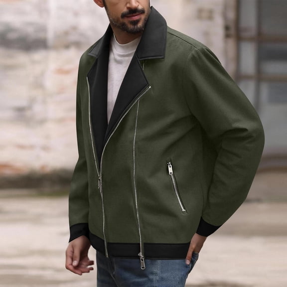YueHuiYing Man Solid-Color Fashion Pocket Zippered Motorcycle Long Sleeve Unlined Collar Jacket