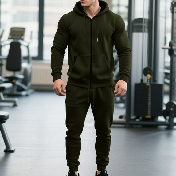 YueHuiYing Man Style Solid Color Casual Fashion Zipper Pocket Hooded Long Sleeves Shirt Drawstring Waist Workwear Tracksuit for Men's 2 pieces Sets