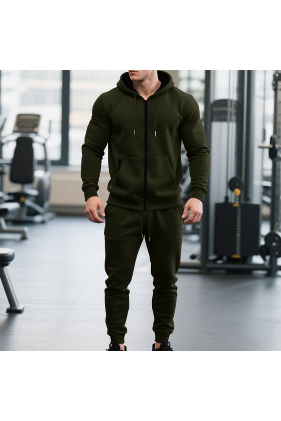 Man Style Solid Color Casual Fashion Zipper Pocket Hooded Long Sleeves Shirt Drawstring Waist Workwear Tracksuit for Men's 2 pieces Sets