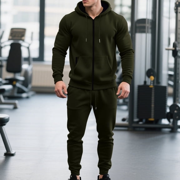 YueHuiYing Man Style Solid Color Casual Fashion Zipper Pocket Hooded Long Sleeves Shirt Drawstring Waist Workwear Tracksuit for Men's 2 pieces Sets