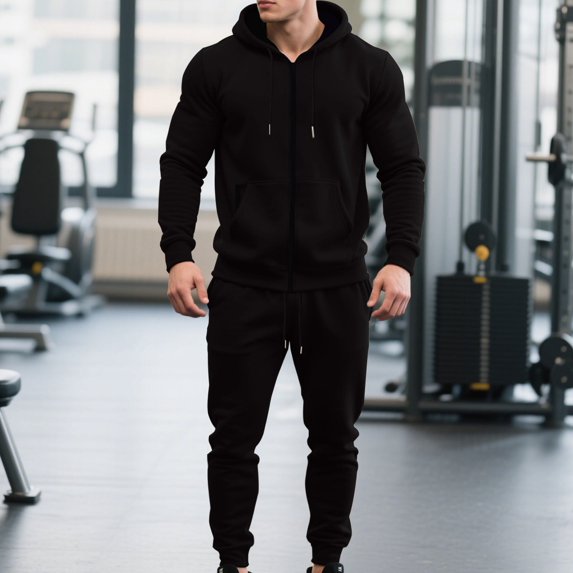 YueHuiYing Man Style Solid Color Casual Fashion Zipper Pocket Hooded Long Sleeves Shirt Drawstring Waist Workwear Tracksuit for Men's 2 pieces Sets