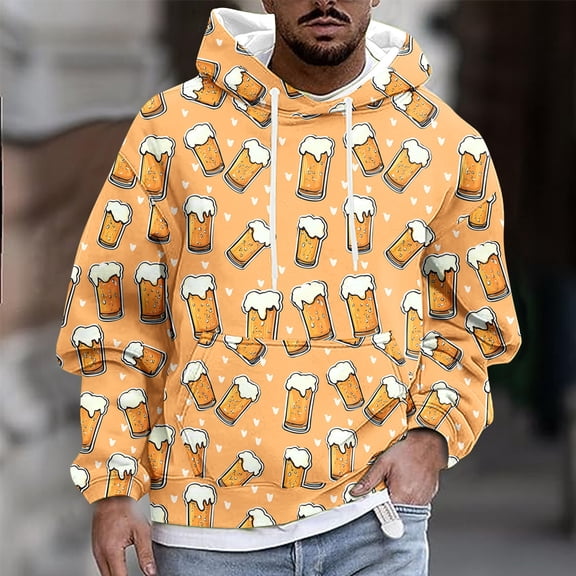 YueHuiYing Men Casual Fashion Beer Print Hooded Round Neck Drawstring Kangaroo Pockets Pullover Long Sleeve Sweatshirt