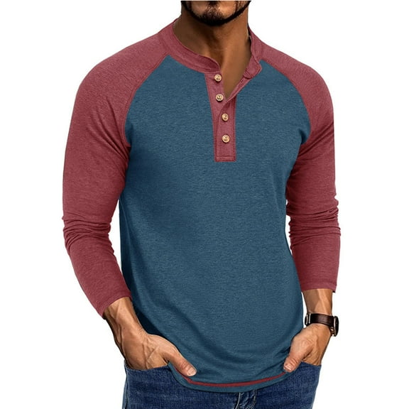 YueHuiYing Men Casual Fashion Solid Patchwork Long Sleeve Half-buttoned Comfortable and Breathable Raglan Sleeve Shirt Blouse