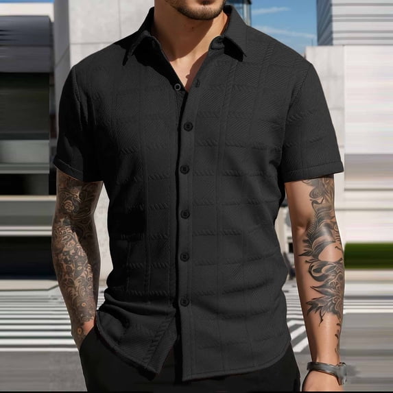 YueHuiYing Men Casual Fashion Solid Short Sleeves Lapel Button Cardigan Breathable Shirt Blouse Tops
