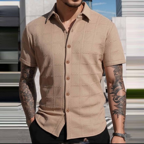 YueHuiYing Men Casual Fashion Solid Short Sleeves Lapel Button Cardigan Breathable Shirt Blouse Tops