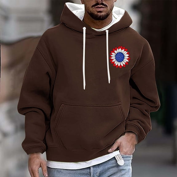 YueHuiYing Men Casual Solid Color Fashion Art Print Pullover Drawstring Long Sleeve Fall Winter Warm Hooded Sweatshirts