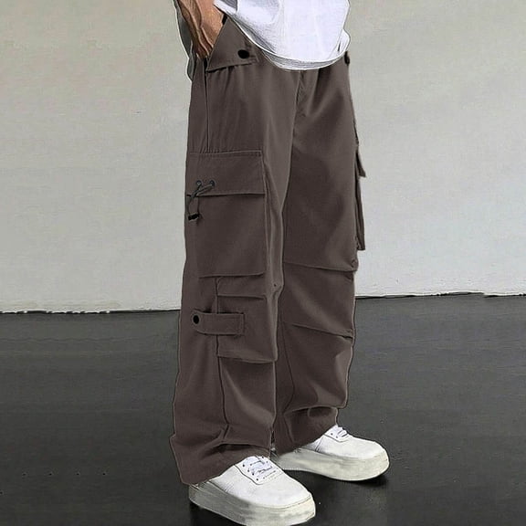 YueHuiYing Men Casual Solid Multiple Pockets Outdoor Straight Type Fitness Pants Cargo Pants Trousers