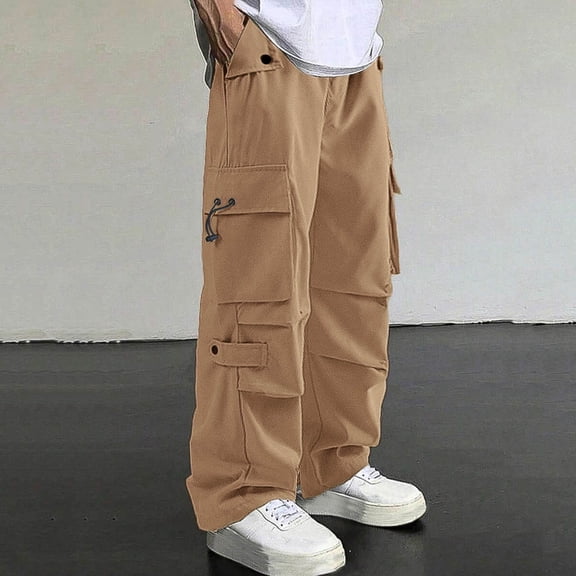 YueHuiYing Men Casual Solid Multiple Pockets Outdoor Straight Type Fitness Pants Cargo Pants Trousers