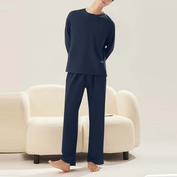 YueHuiYing Men Loose Solid-Color Home Clothes Pocket Pants Long Sleeve Round Neck Top Pajama Sets