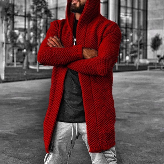 YueHuiYing Men'S Solid Color Knitted Coat Hooded Long Open Front Cardigan Overcoat Medium Length Sweater With Pockets