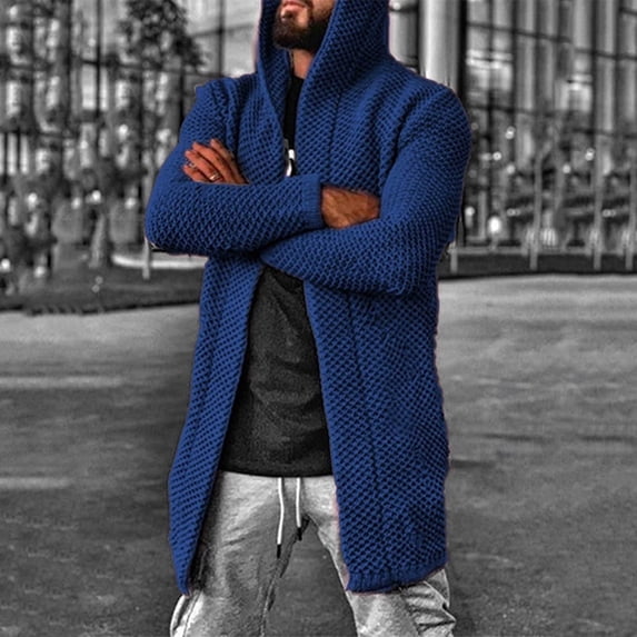 YueHuiYing Men'S Solid Color Knitted Coat Hooded Long Open Front Cardigan Overcoat Medium Length Sweater With Pockets