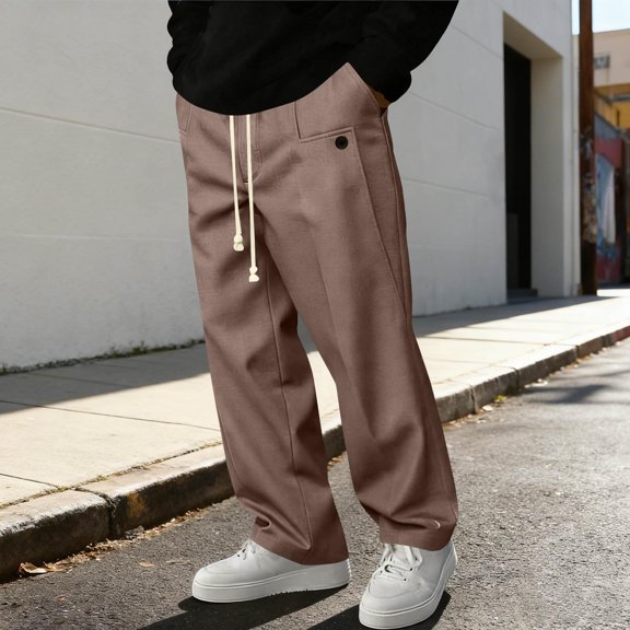 YueHuiYing Men Solid-Color Casual Loose Fashionable Drawstring Button Pocket Straight Tube Daily Versatile Long Pants