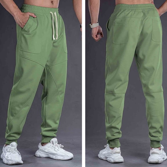 YueHuiYing Men Solid-Color Casual Loose Sports Work Pants With Drawstring Pockets And Elastic Waistband Long Trousers