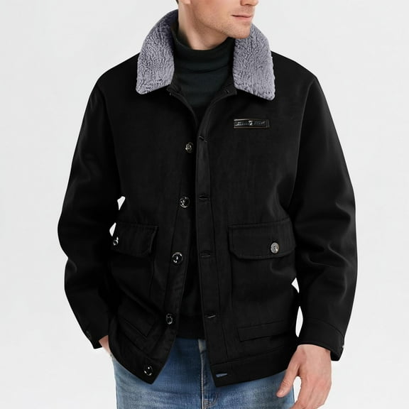YueHuiYing Men Solid-Color Casual Warm Lined Winter Faux Pocket Button Long Sleeve Flared Collar Jacket