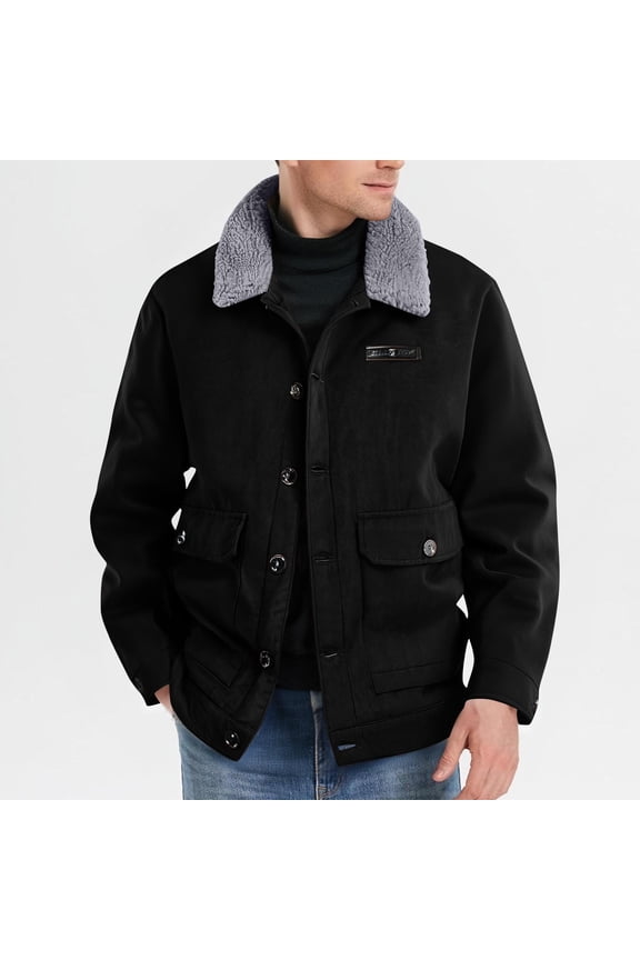 Men Solid-Color Casual Warm Lined Winter Faux Pocket Button Long Sleeve Flared Collar Jacket