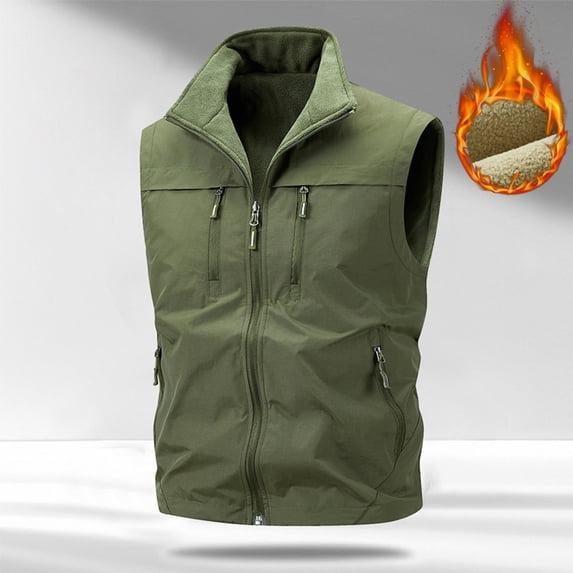 YueHuiYing Men Solid Fashion Full Zip Softshell Sleeveless Standing Collar Tanks Blouse Outwear with Pockets