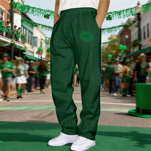 YueHuiYing Men St. Patrick's Day Print Casual Pocket Lacing Elastic Waist Straight Sporty Work Pants