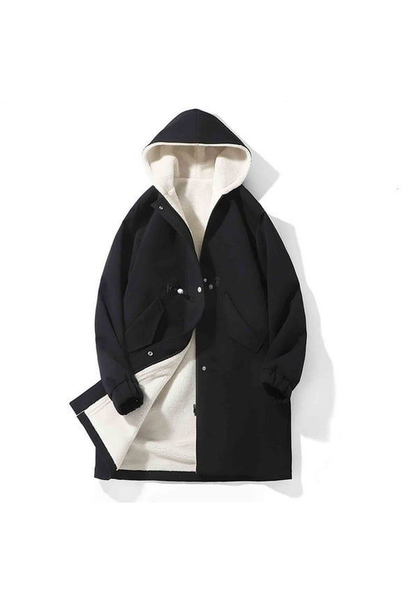 Men Windbreaker Thick Jacket Knee Length Zipper Drawstring Button Pocket Long Sleeve Hooded Casual Outwear Coat