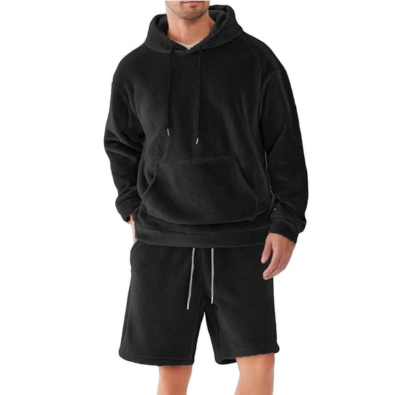 YueHuiYing Men's 2 Piece Long Sleeve Solid Color Hooded Sweatshirt With Elastic Waistband And Drawstring Shorts Lining Set