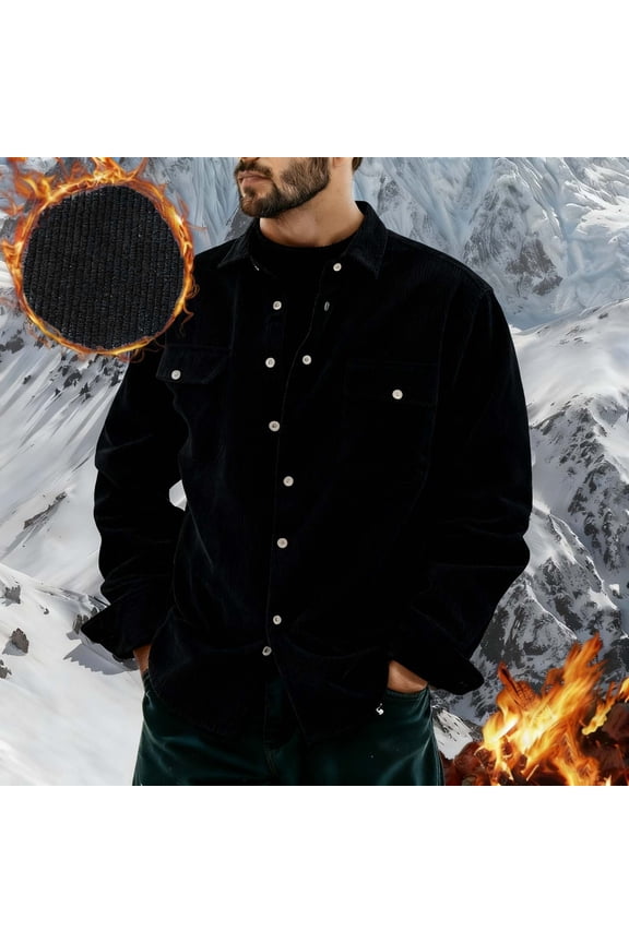 Men's Adding Solid Color Corduroy Flip Collar Long Sleeved Double Pockets Button Cardigan Coat