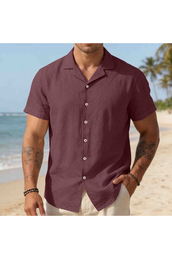 Men's Button-Down Short-Sleeve Linen Shirt; Summer Casual Cotton Spread-Collar Beach Shirt