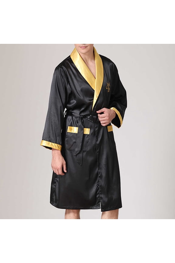 Men's Cardigan V-neck Robe Soft Satin Bathrobe Long-Sleeve Nightgown Printed Pajamas