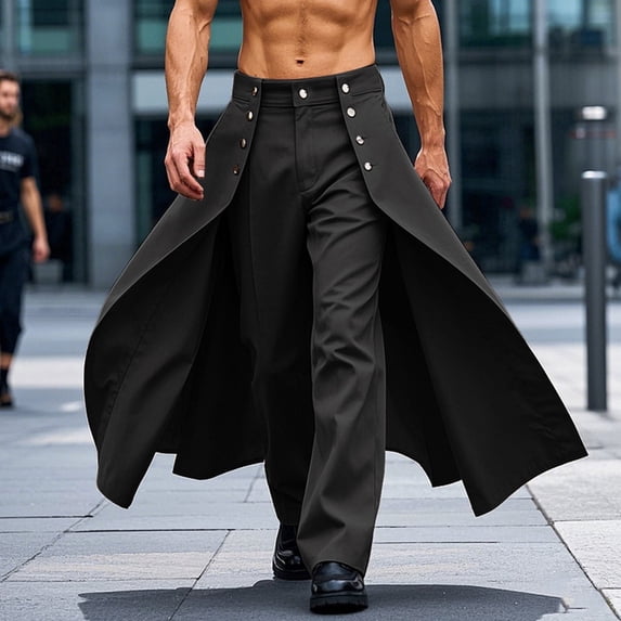 YueHuiYing Men's Casual And Fashionable Solid Color Pocket Button High Waist Splicing Versatile Straight Leg Pants