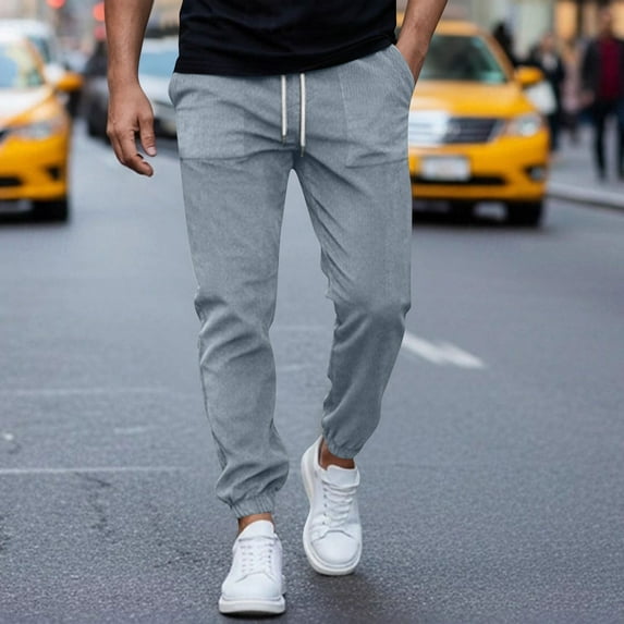 YueHuiYing Men's Casual Fashion Corduroy Solid-color Pocket Drawstring Elastic Waist Jogger Pants