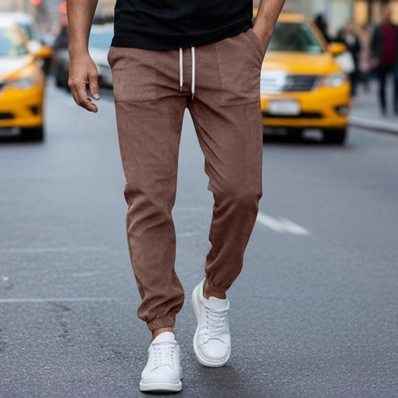 YueHuiYing Men's Casual Fashion Corduroy Solid-color Pocket Drawstring Elastic Waist Jogger Pants