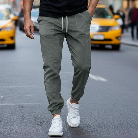 YueHuiYing Men's Casual Fashion Corduroy Solid-color Pocket Drawstring Elastic Waist Jogger Pants