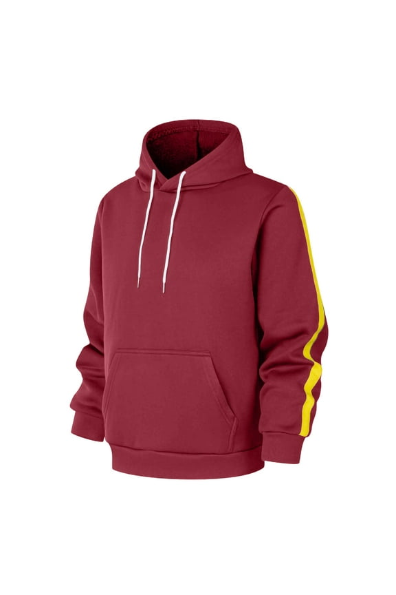 Men's Casual Fashionable With Yellow Stripe Splicing On The Side Kangaroo Pockets Drawstring Solid Color Hooded Sweatshirt