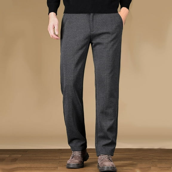 YueHuiYing Men's Casual High Waisted Straight Leg Pants Warm Lined Stretch Fabric With Pockets Elastic Waist Full Length Pants