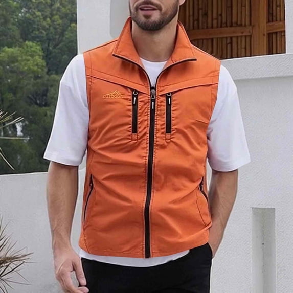YueHuiYing Men's Casual Loose Fit Multi Pocket Functional Stand Collar Vest Stylish Outdoor Emergency Volunteer Workwear Zippered Jacket For Hiking Camping And Daily Use