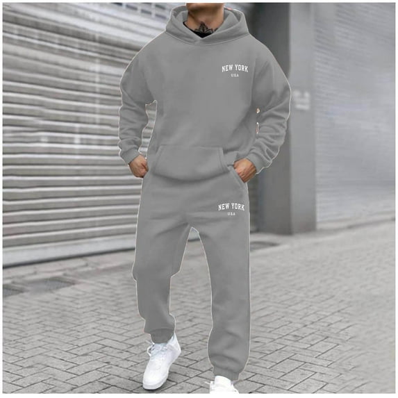 YueHuiYing Men's Casual Pullover Hooded Sports Print Long Sleeve Trousers Two-Piece Elastic Waist Tracksuit